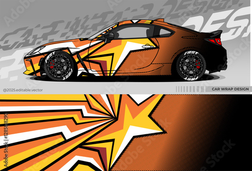 Sports car wrap design. Dominated by black, yellow, white. There are sharp star and line shapes depicting speed and courage. Suitable for racing, drift or exhibition