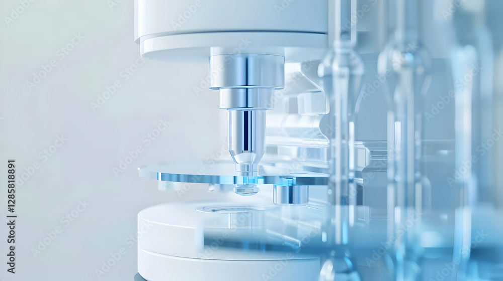 Close-up of a modern microscope analyzing a glass slide in a bright laboratory setting Close-up of a modern microscope analyzing a glass slide in a bright laboratory setting