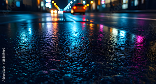 Wet asphalt street reflection background. Dark pavement with neon city lights reflecting