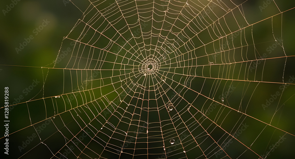 Fototapeta premium Spiderweb with dewdrops background. Intricate silk strands reflecting morning light
