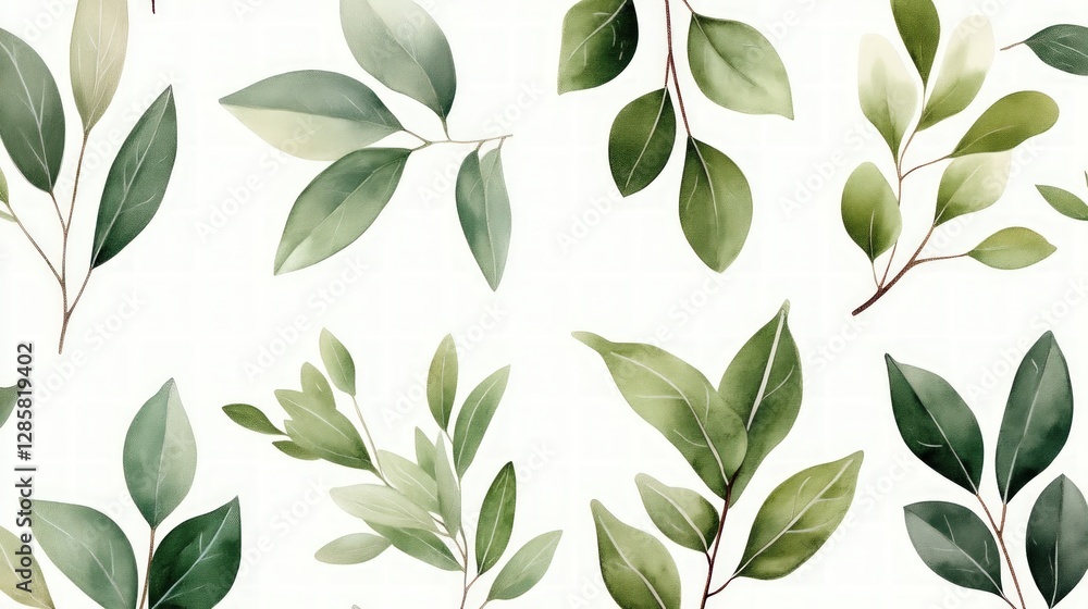 Beautiful Green Leaves Pattern on Light Background for Nature Theme Beautiful Green Leaves Pattern on Light Background for Nature Theme