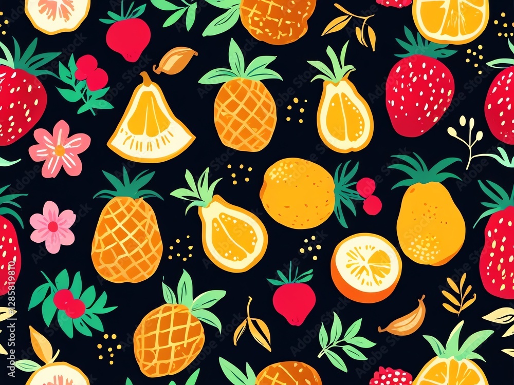 Vibrant Tropical Fruit Pattern: Pineapple, Strawberry, Citrus Delight Vibrant Tropical Fruit Pattern: Pineapple, Strawberry, Citrus Delight