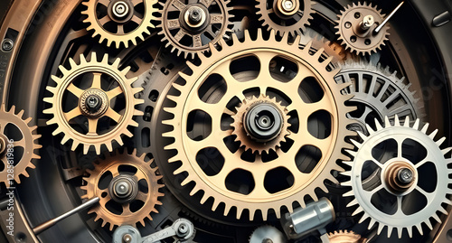 Massive clock gears in motion background. Intricate mechanical parts turning endlessly