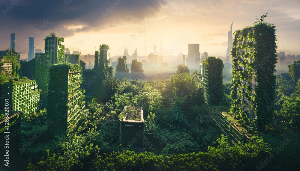 Post-apocalyptic city with towering skyscrapers and ruined buildings, covered in lush greenery at dawn. Nature reclaims urban landscape, blending architecture with wilderness.