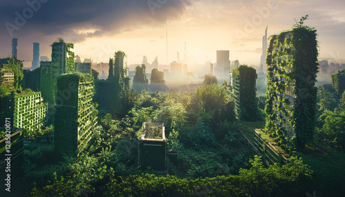 Obraz na płótnie Post-apocalyptic city with towering skyscrapers and ruined buildings, covered in lush greenery at dawn. Nature reclaims urban landscape, blending architecture with wilderness. w salonie