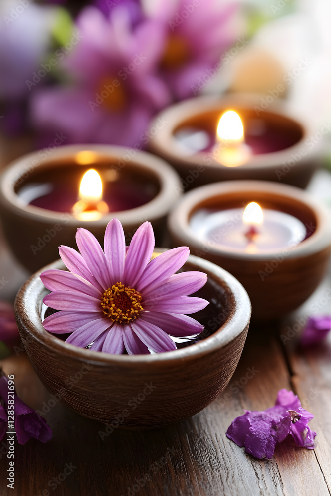 Soothing Aromatherapy Setup with Scented Candles and Fresh Flowers : Generative AI Soothing Aromatherapy Setup with Scented Candles and Fresh Flowers : Generative AI