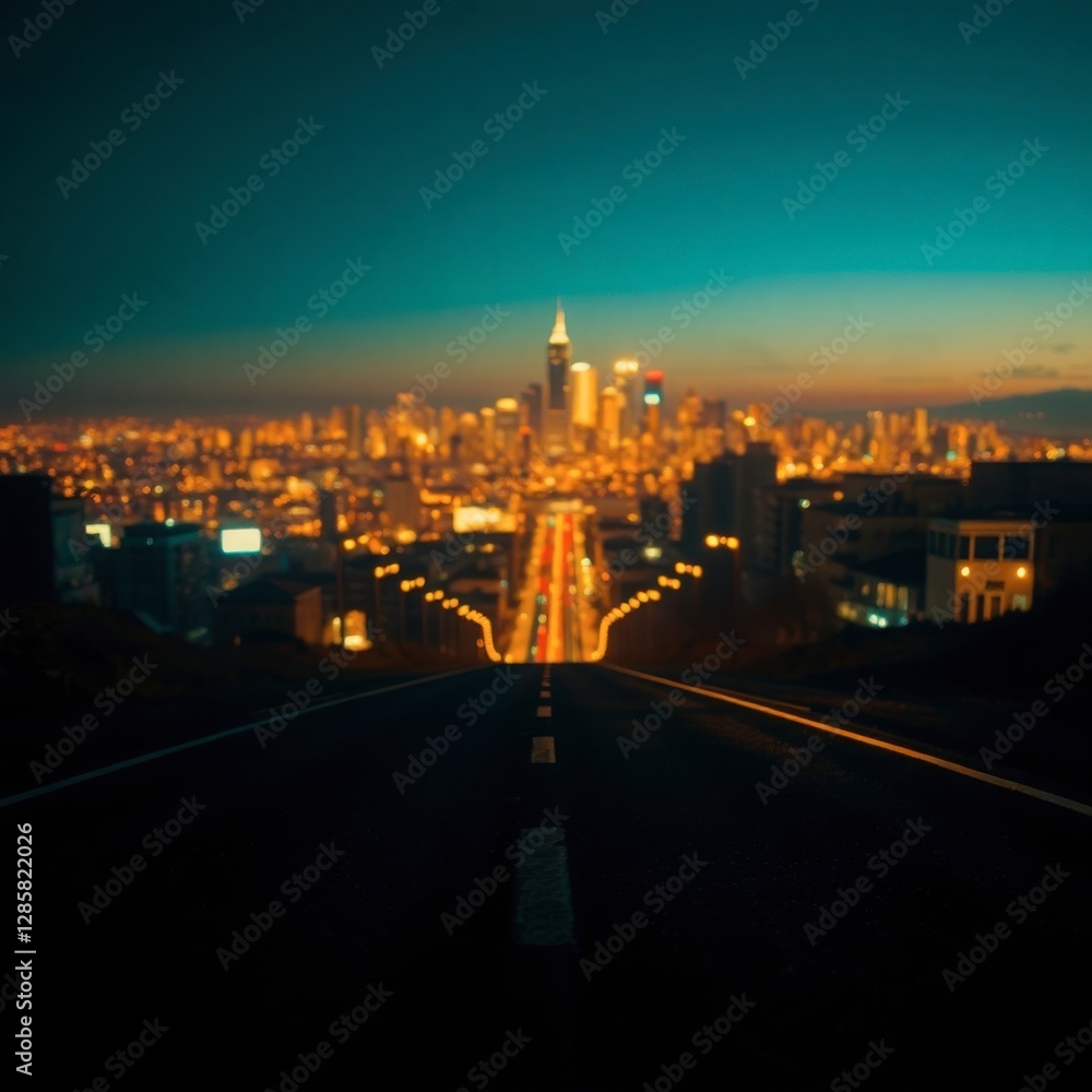 Obraz premium City Skyline Night View From Road with Blurred Lights and Dark Sky