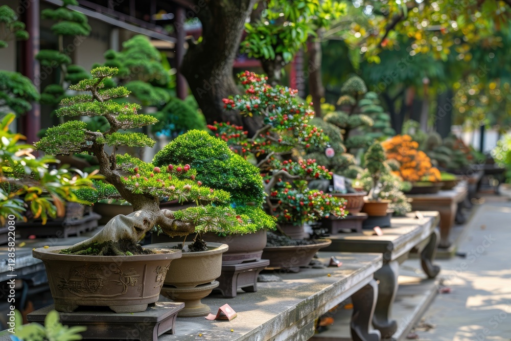 Variety of Bonsai Trees Were Planted in Pots and Was Many Sorted for Decoration in Public Garden Variety of Bonsai Trees Were Planted in Pots and Was Many Sorted for Decoration in Public Garden
