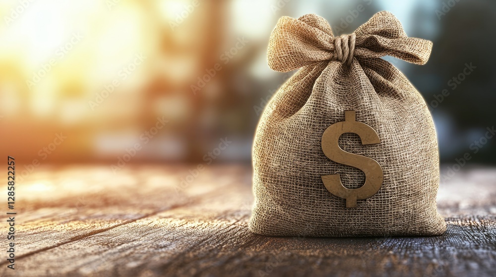 Money Bag on Wooden Table with Soft Backlight in Nature Setting Money Bag on Wooden Table with Soft Backlight in Nature Setting