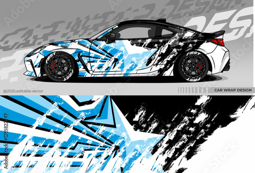 Sports car wrap design. Dominated by black, blue, white with frozen ice theme. There are sharp star and line shapes depicting speed and courage. Suitable for racing, drift or exhibition