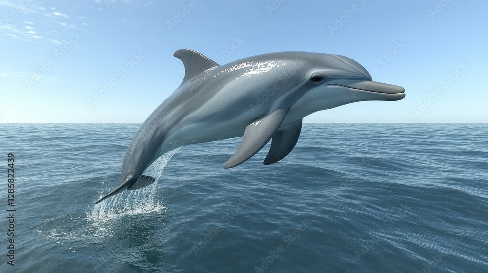 Fototapeta premium Ocean Dolphin Leaping, Blue Water, Clear Sky