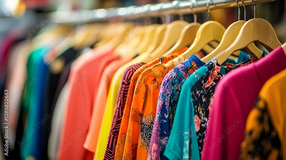 Colorful clothes hanging on wooden hangers in a fashion boutique with vibrant patterns and fabrics Colorful clothes hanging on wooden hangers in a fashion boutique with vibrant patterns and fabrics