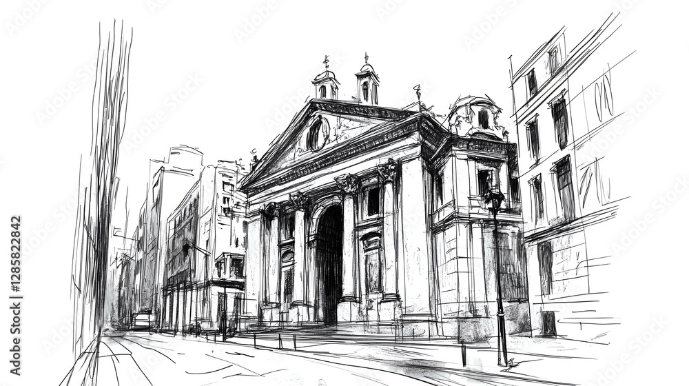 Fototapeta premium Historic building sketch with classical columns and ornate facade illustrated in black and white