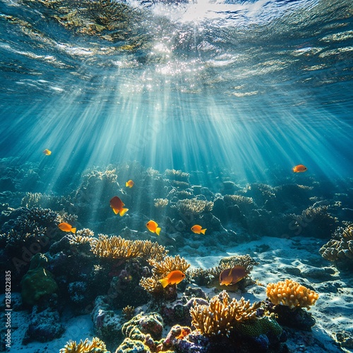 Underwater coral reef scene with sunlight rays, vibrant fish, and sandy bottom; ideal for travel brochures