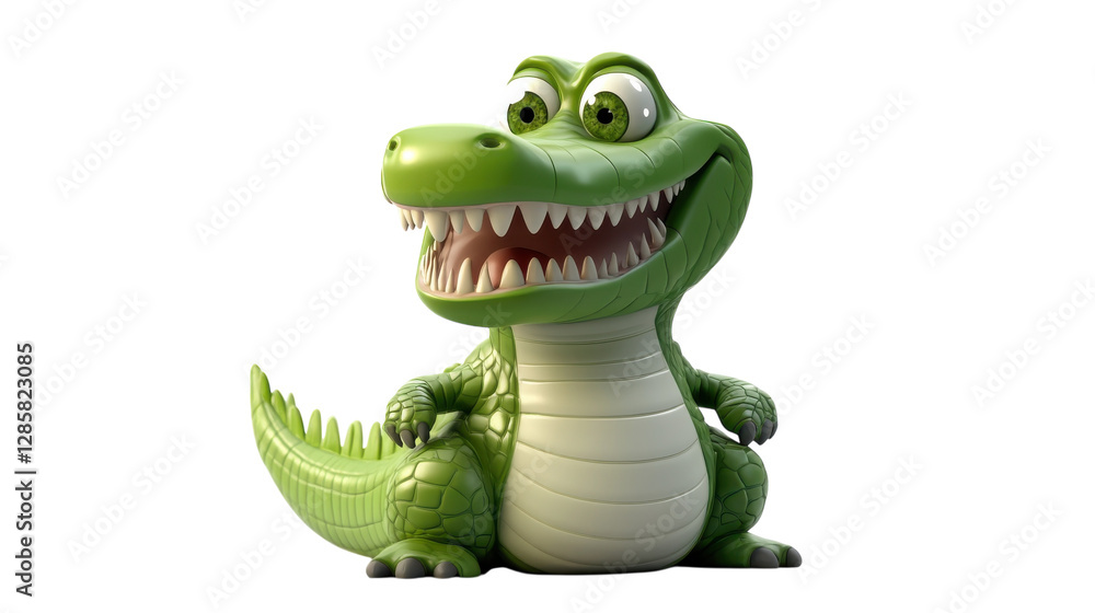 Naklejka premium Bright green cartoon crocodile character with big eyes and a wide smile sits happily in a playful pose