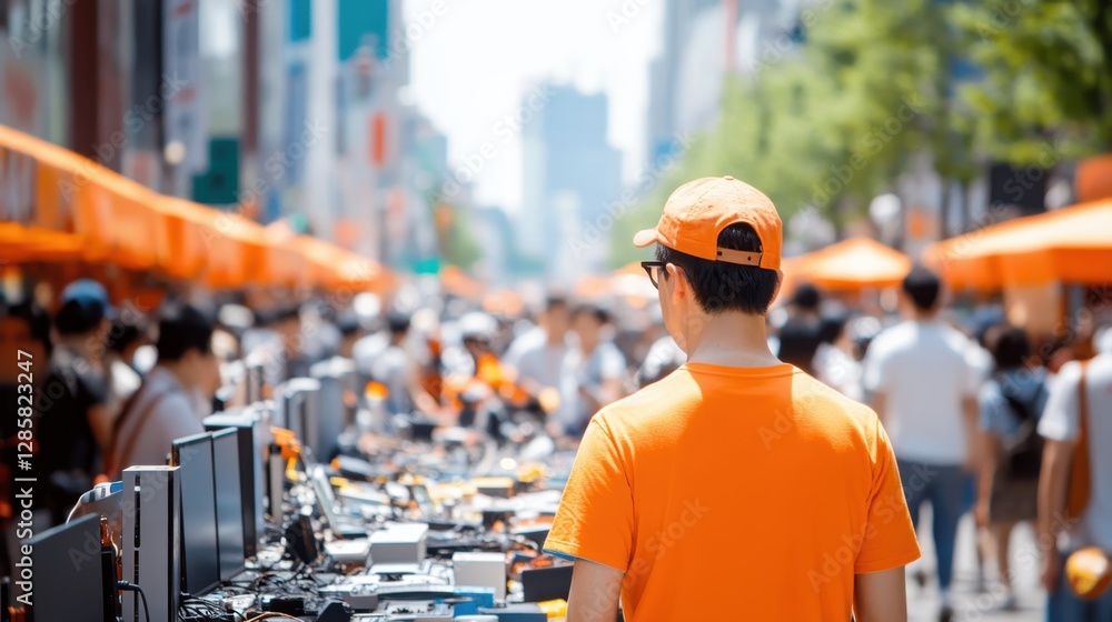 Bustling Second-Hand Electronics Market Scene with Vibrant Stalls and Crowd, Vibrant Atmosphere Under Bright Sunlight Bustling Second-Hand Electronics Market Scene with Vibrant Stalls and Crowd, Vibrant Atmosphere Under Bright Sunlight