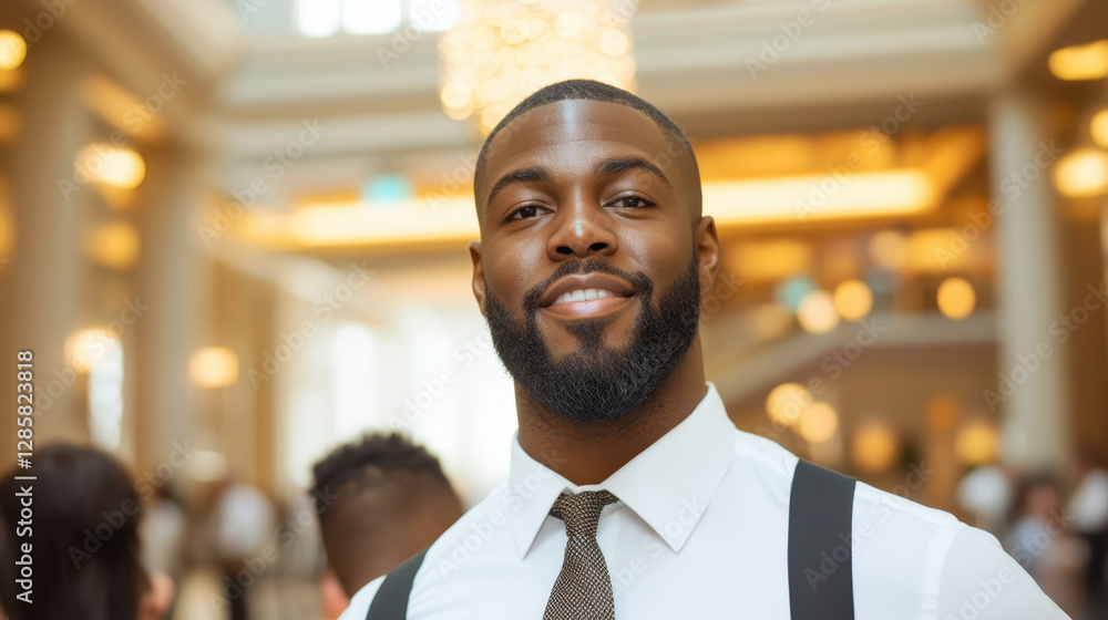 Fototapeta premium Engaging Bellhop Assists Guests with Warm Smile in Upscale Hotel Lobby Environment