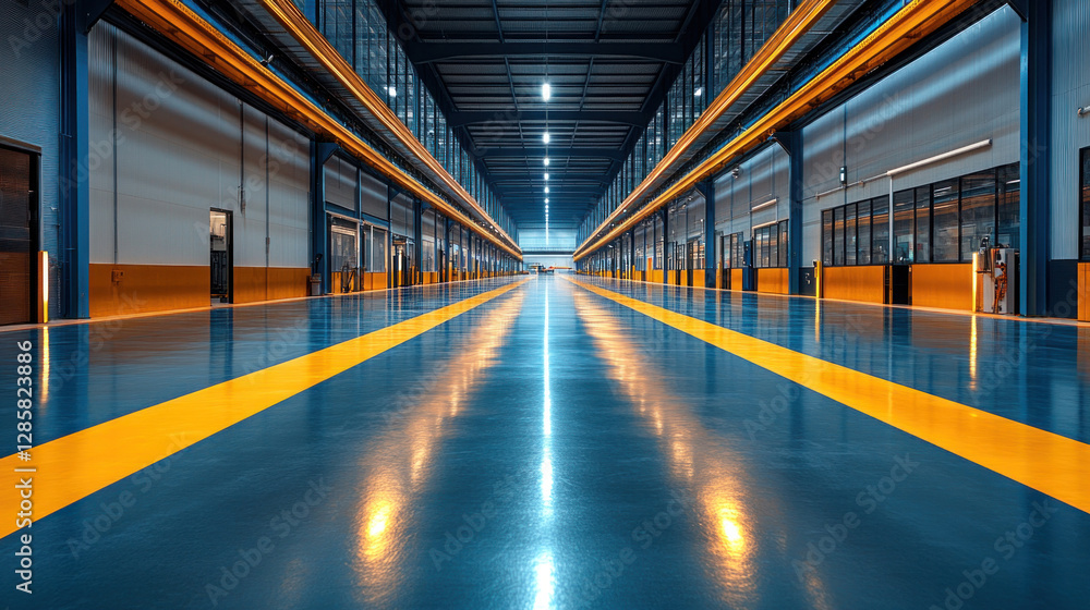 A minimalist-style manufacturing plant with sleek lines, neutral colors, and an open floor plan A minimalist-style manufacturing plant with sleek lines, neutral colors, and an open floor plan
