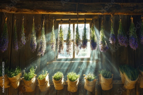 Sunbeams illuminate a rustic window with drying lavender bouquets and potted plants, creating a serene, aromatic, and enchanting countryside atmosphere. photo