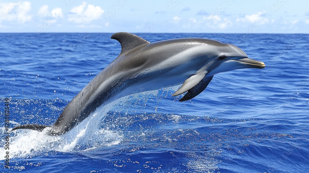 Fototapeta premium Oceanic Dolphin Leaping, Clear Blue Water, Cloudy Sky