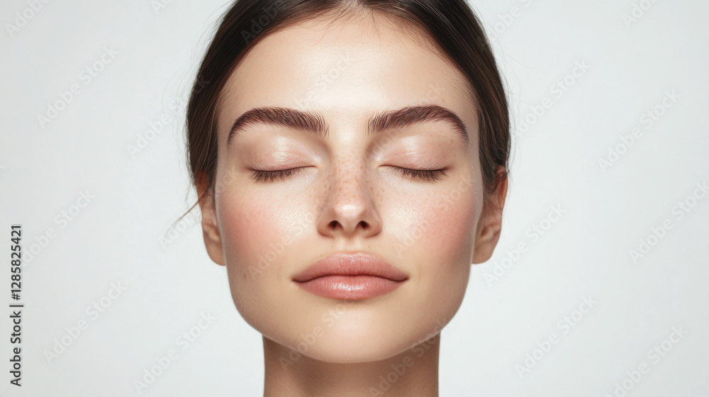 Natural beauty portrait showcasing a woman with smooth skin and closed eyes in soft lighting Natural beauty portrait showcasing a woman with smooth skin and closed eyes in soft lighting