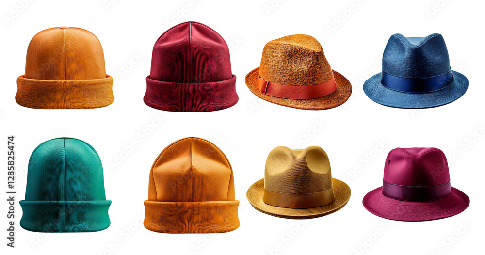 Variety of Stylish Hats in Different Colors and Designs Displayed, isolated on transparent background Variety of Stylish Hats in Different Colors and Designs Displayed, isolated on transparent background