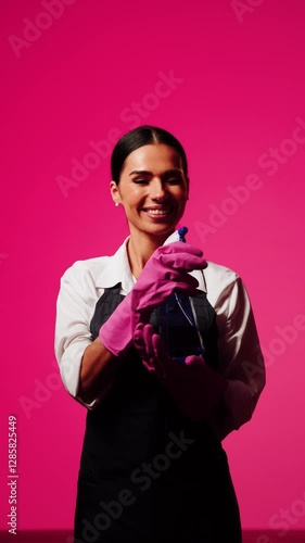 Professional cleaner smiling in a cheerful environment promoting house cleaning and cleanliness concepts