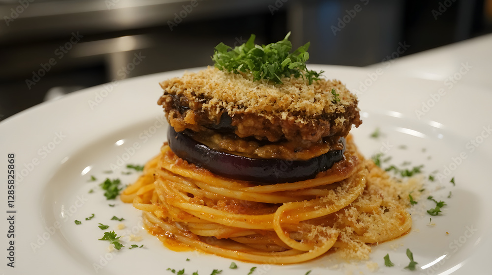 A crispy onion and eggplant parmigiana served with a side of pasta. A crispy onion and eggplant parmigiana served with a side of pasta.