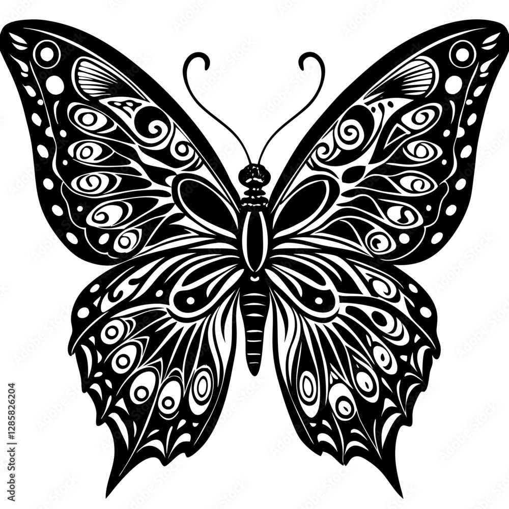 Intricate Ornamental Butterfly Vector – Decorative Black and White Silhouette Intricate Ornamental Butterfly Vector – Decorative Black and White Silhouette