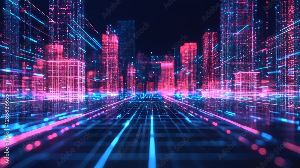 Futuristic Cityscape with Neon Lights and Digital Data Flow Futuristic Cityscape with Neon Lights and Digital Data Flow