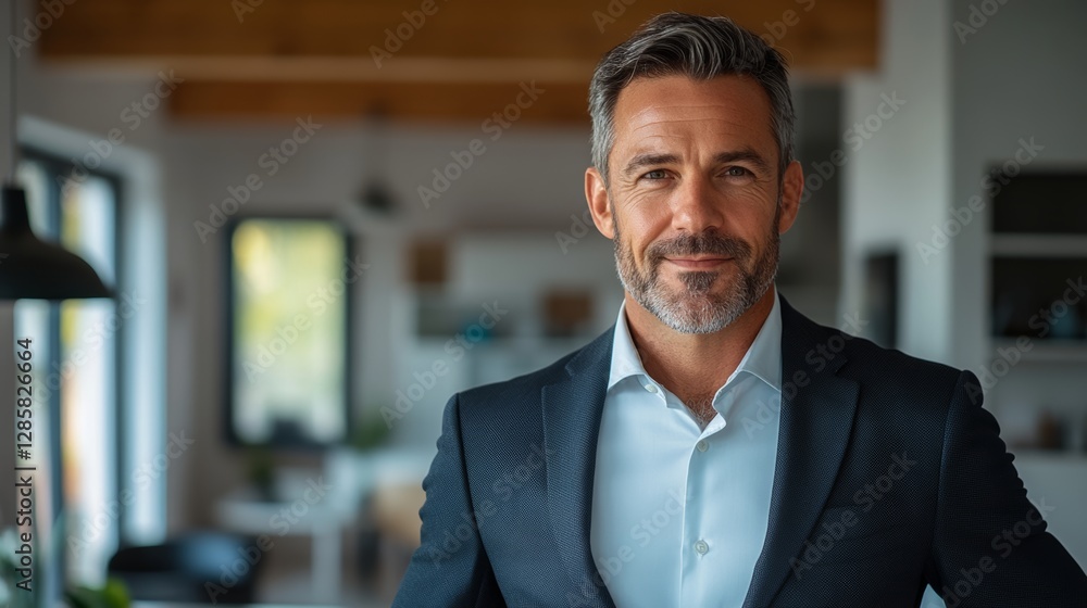 Fototapeta premium Man in a suit and tie is smiling for the camera. He looks confident and happy. The room he is in is well-lit and has a modern design