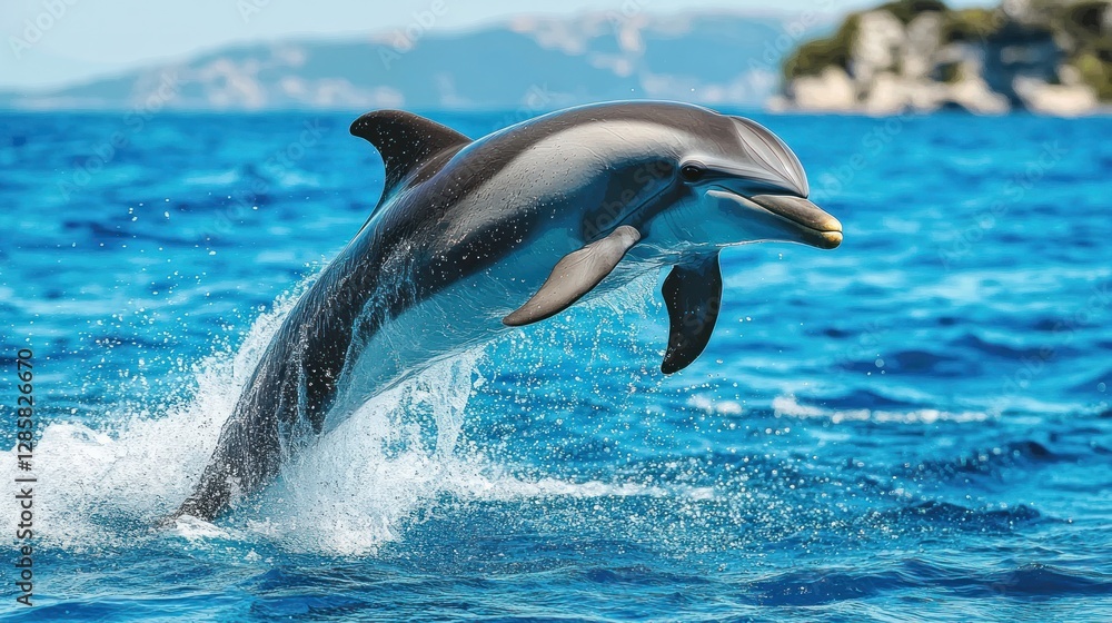 Naklejka premium Oceanic Dolphin Leaps, Coastal Scene, Blue Waters