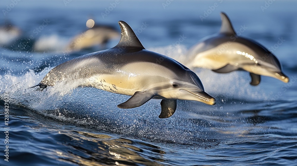 Fototapeta premium Oceanic dolphins leap in surf, playful pod background
