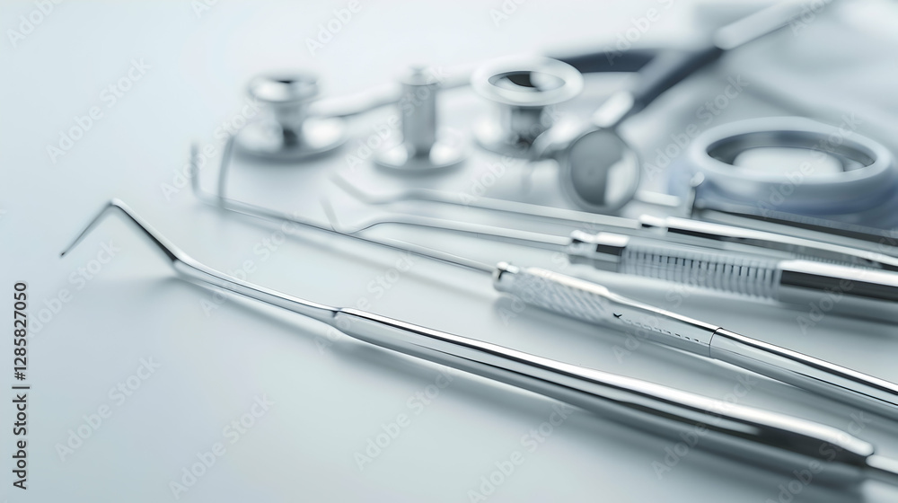 Close-up of dental instruments arranged on a clean surface with a stethoscope in the background Close-up of dental instruments arranged on a clean surface with a stethoscope in the background