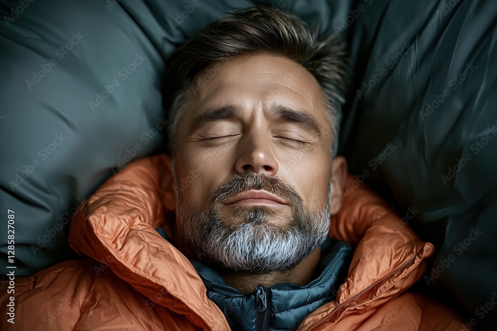 A man with a beard peacefully sleeping in an orange jacket against a soft background. A man with a beard peacefully sleeping in an orange jacket against a soft background.