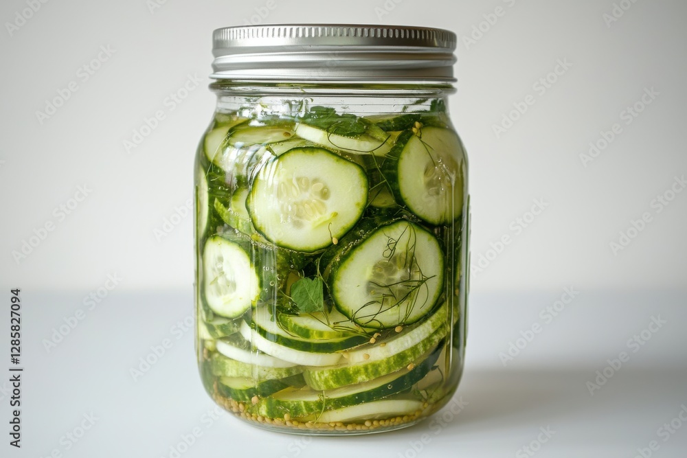 Glass jar filled with homemade pickled cucumbers, showcasing the vibrant colors and dill, set against a white background, perfect side snack. Glass jar filled with homemade pickled cucumbers, showcasing the vibrant colors and dill, set against a white background, perfect side snack.