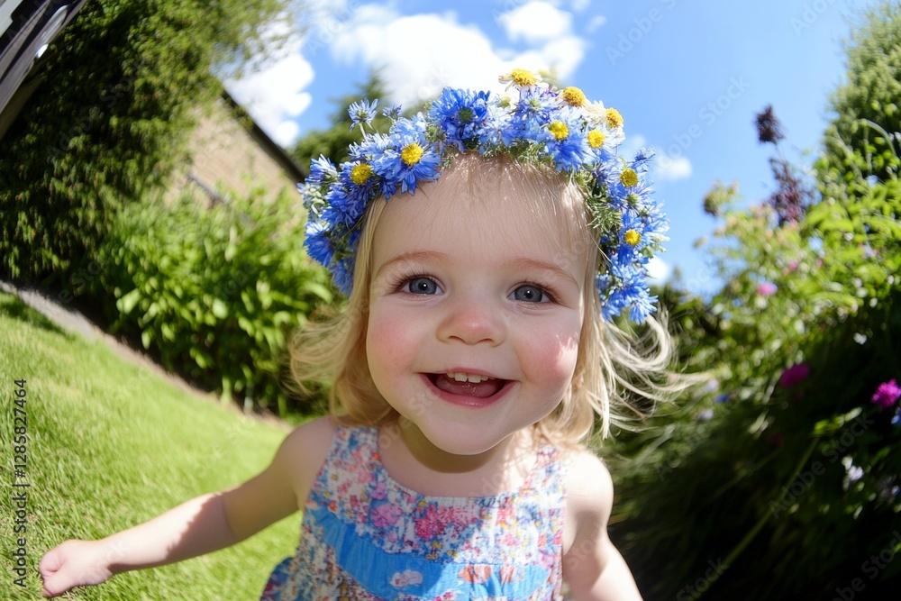 Sunny daylight. Happy warm season design idea. Happy caucasian toddler girl with blond hair wearing blue flower crown on her head. Playful summer vibes for girls. Sun-kissed girl with a wreath. Sunny daylight. Happy warm season design idea. Happy caucasian toddler girl with blond hair wearing blue flower crown on her head. Playful summer vibes for girls. Sun-kissed girl with a wreath.