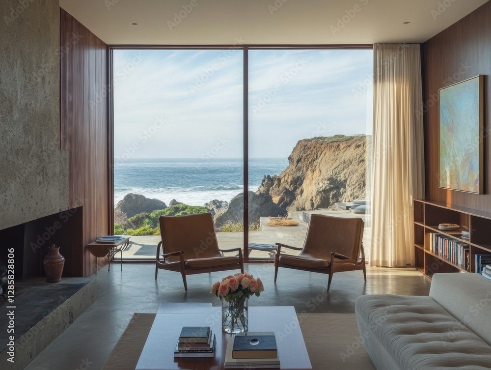 Fototapeta premium A living room with a fireplace and two brown chairs