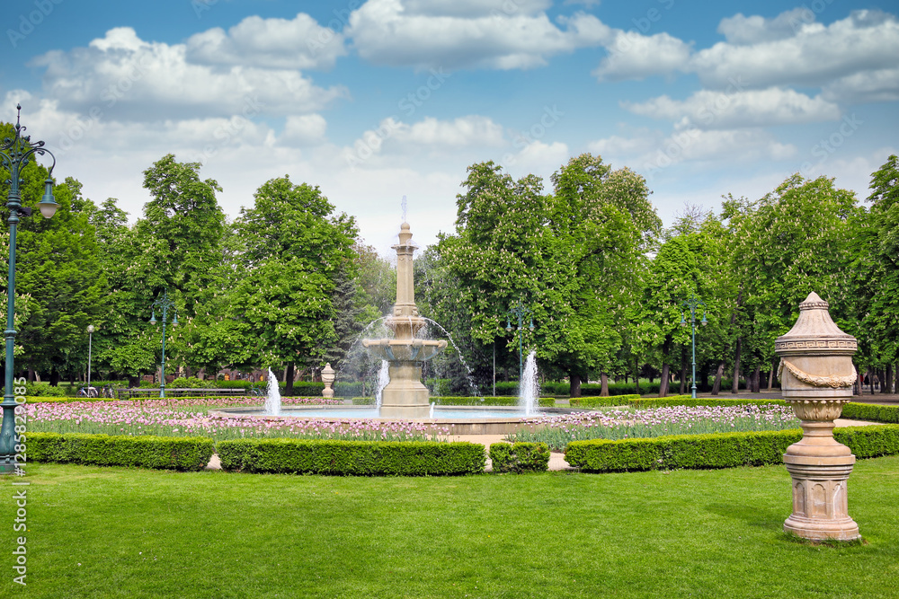 Park with fountain and tulip flowers in Eger, Hungary,spring season Park with fountain and tulip flowers in Eger, Hungary,spring season