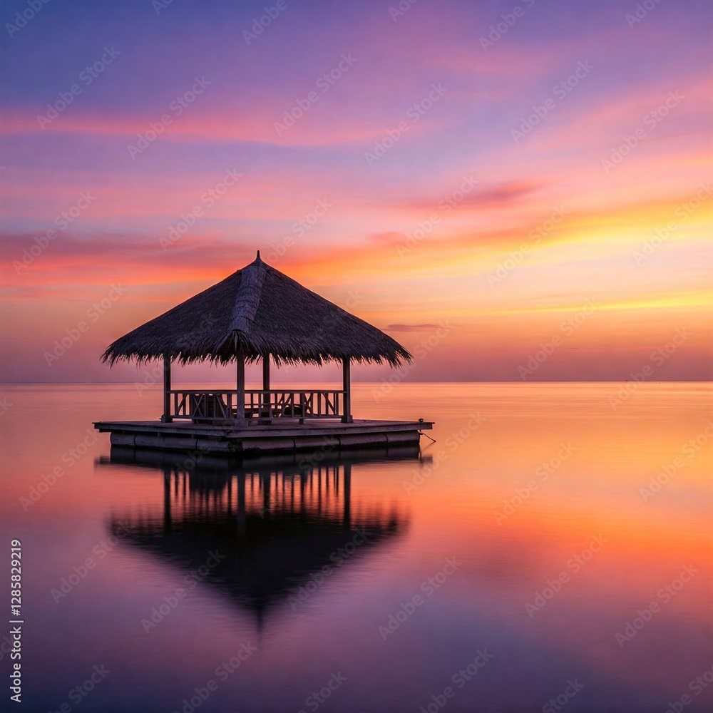 A serene, floating pavilion surrounded by calm waters reflecting a vibrant, colorful sky. A serene, floating pavilion surrounded by calm waters reflecting a vibrant, colorful sky.