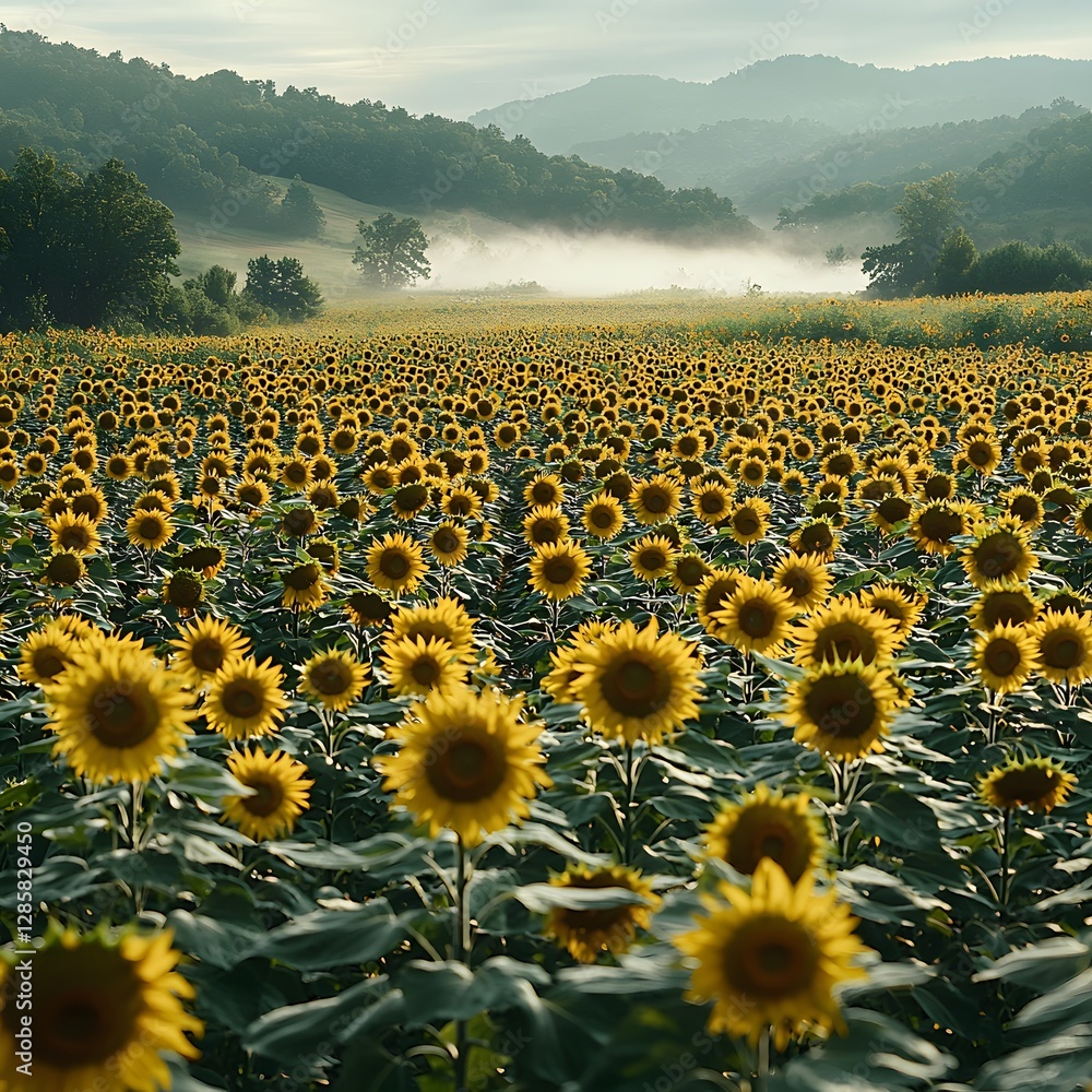 Obraz premium Expansive Sunflower Field Basking in Misty Morning Glow and Radiant Sunlight