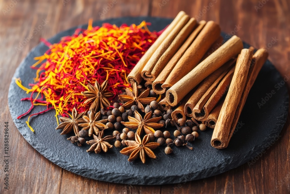 Aromatic spices assortment featuring cinnamon sticks, star anise, peppercorns and saffron threads on a dark slate plate, creating a warm, inviting culinary display. Aromatic spices assortment featuring cinnamon sticks, star anise, peppercorns and saffron threads on a dark slate plate, creating a warm, inviting culinary display.