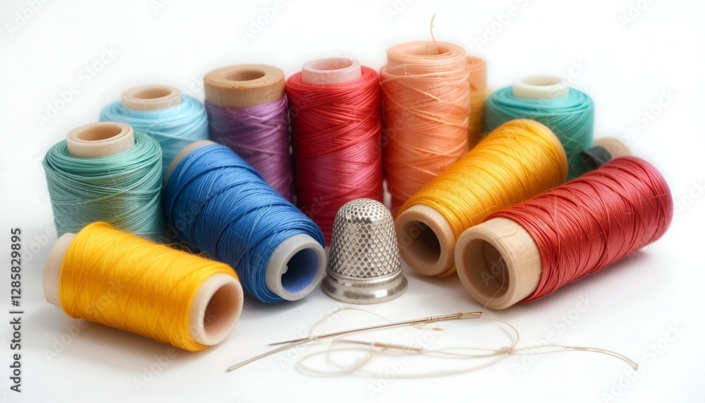 Collection of color thread spools with needle and thimble isolated on white background. Sewing concept. Collection of color thread spools with needle and thimble isolated on white background. Sewing concept.