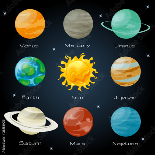 Planets of solar system illustration. solar system vector.  cute illustration of planets. solar system planets illustration set for education.