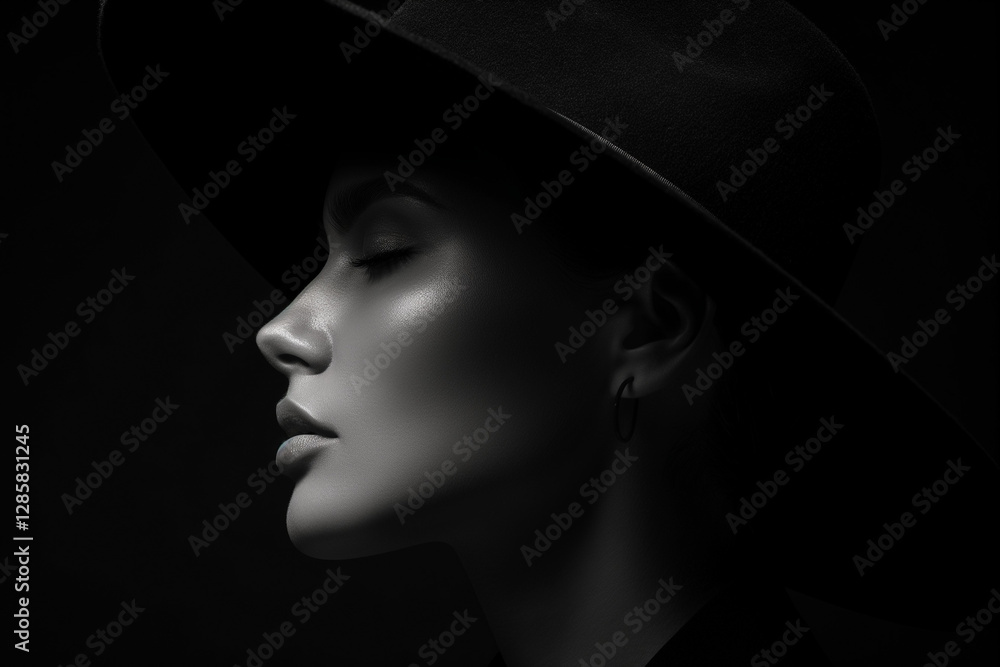 A portrait of a woman wearing a black hat, captured in black and white against a deep black background