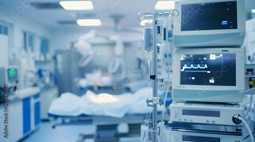 High-tech hospital room with medical equipment, patient bed, and surgical tools in the background