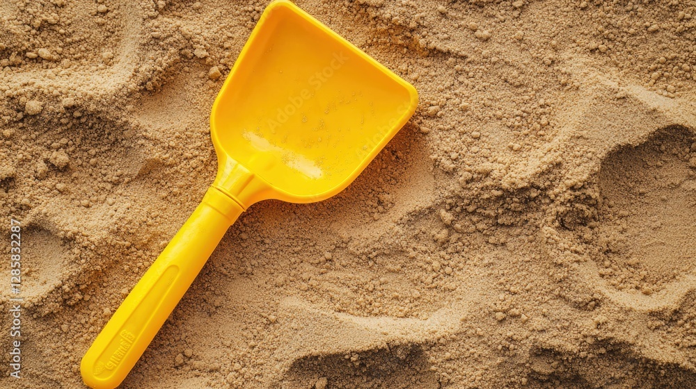 Bright Yellow Plastic Shovel on Soft Sandy Surface for Beach Play and Exploration Activities Bright Yellow Plastic Shovel on Soft Sandy Surface for Beach Play and Exploration Activities