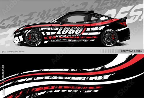 Car seat cover design for sports cars. Black, white and red with dynamic striped pattern and broken texture. Gives aggressive and sporty look to the car, suitable for racing or promotion purposes.