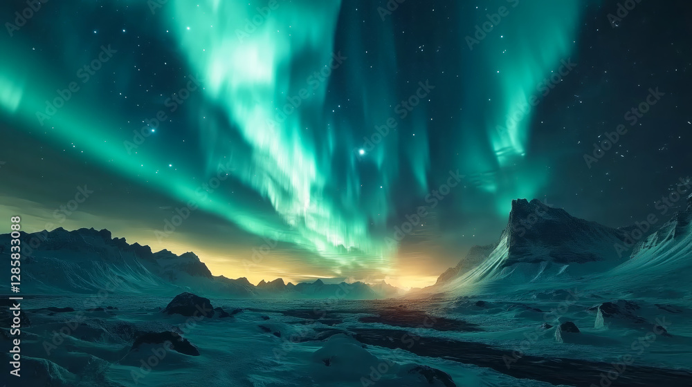Fototapeta premium Magical Green Aurora Dancing Above Snowy Peaks - Made with Generative AI