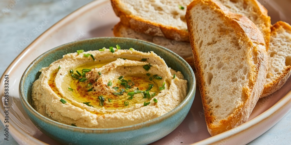 Crunchy Baguette Slices with Roasted Garlic Hummus Smear Crunchy Baguette Slices with Roasted Garlic Hummus Smear